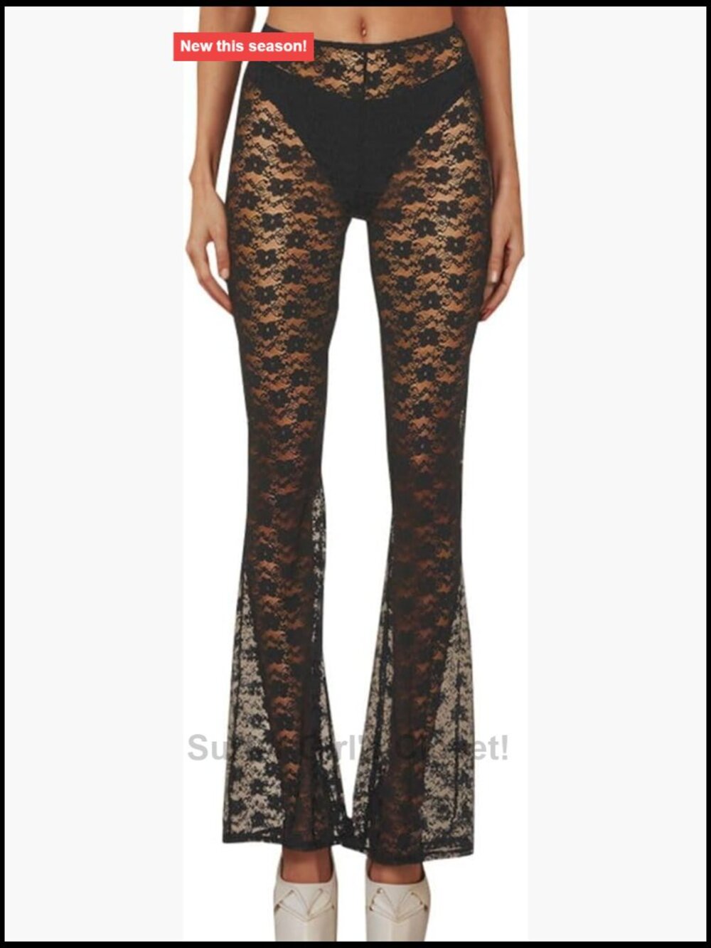 Lace Bell Bottom Sheer Mesh Flare Pants High Waist Stretchy Party